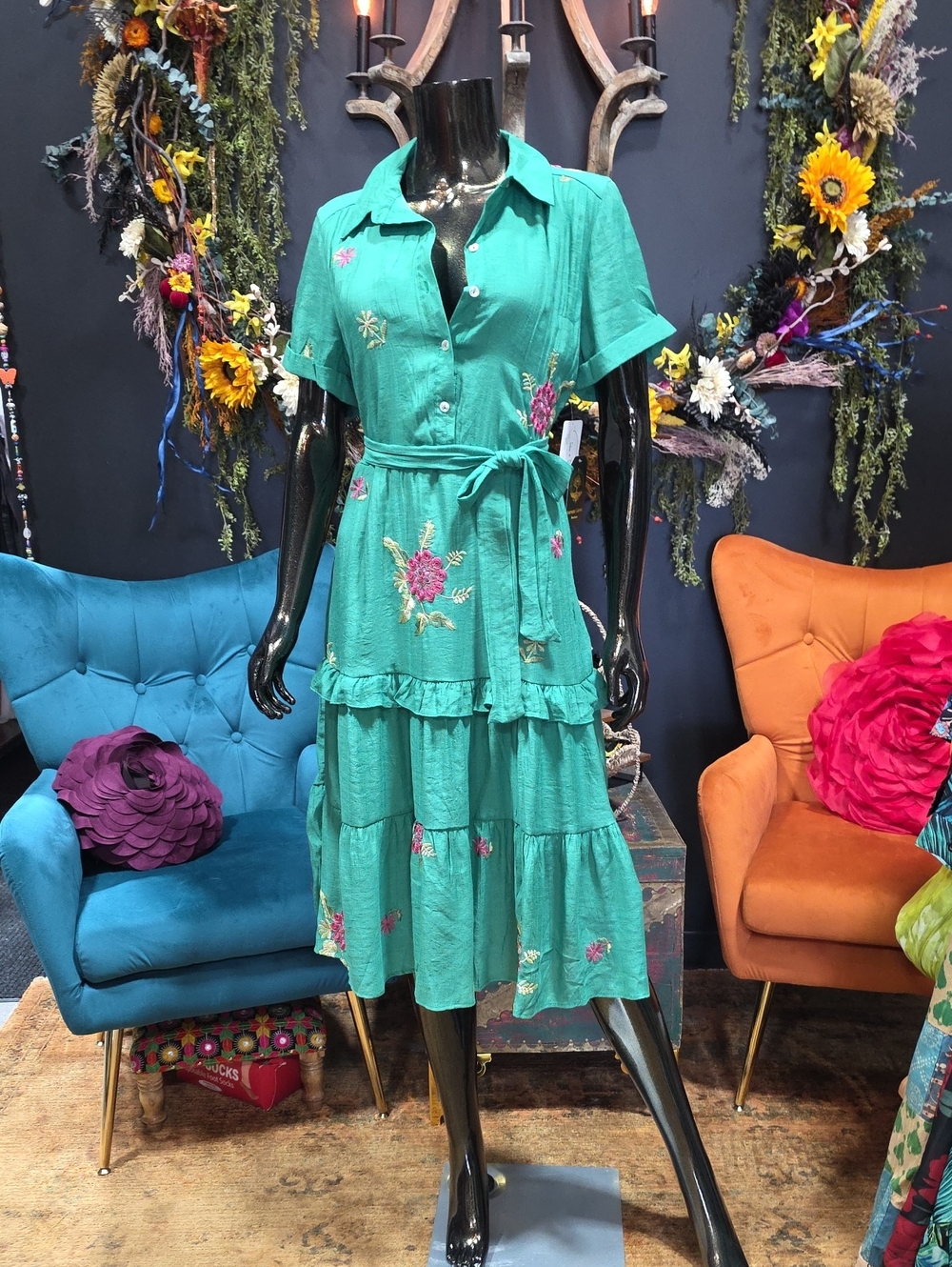 F&F Teal Embroidered Tiered Shirt Dress with Tie Waist